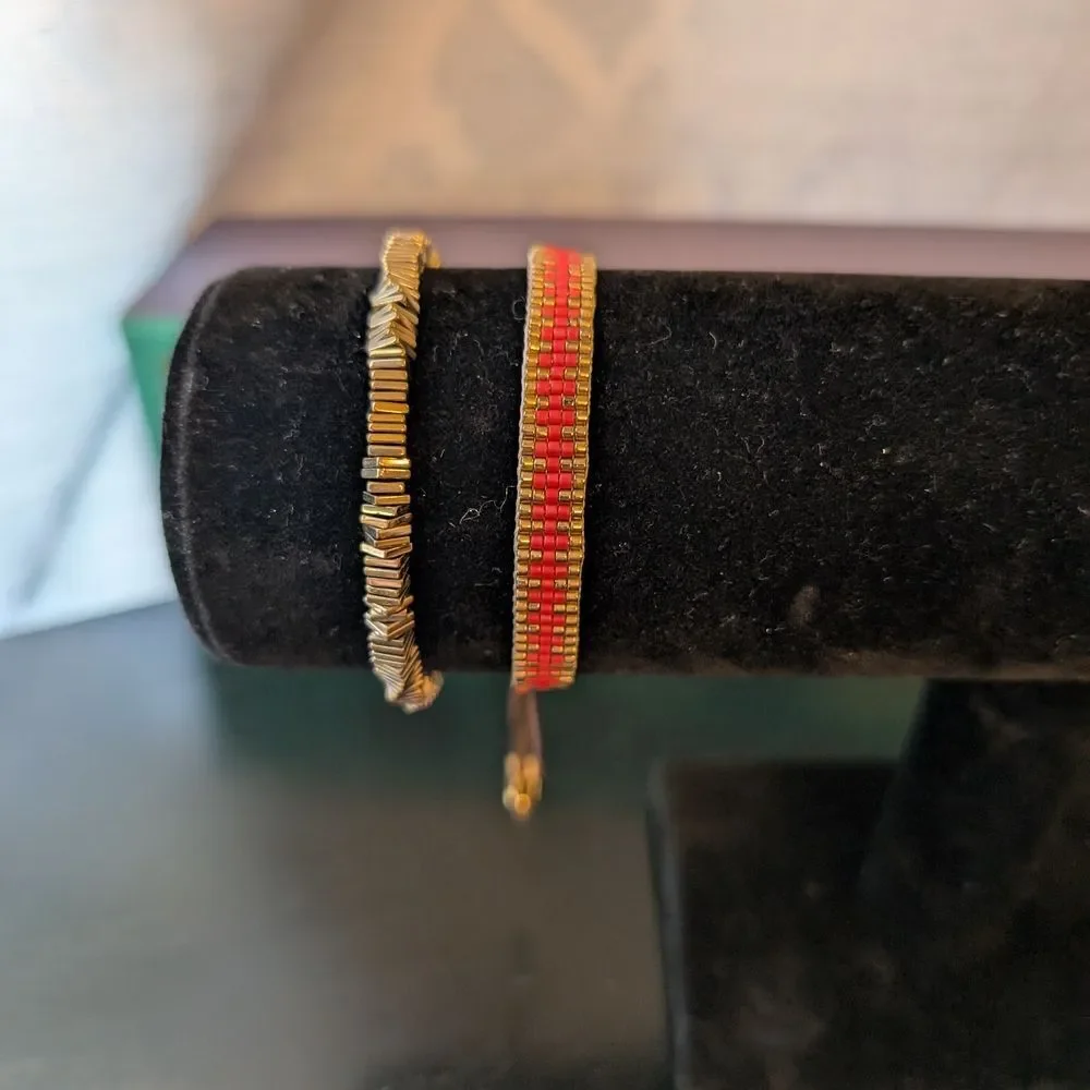 Rustic Cuff Gold and Red Boho Bracelet Set